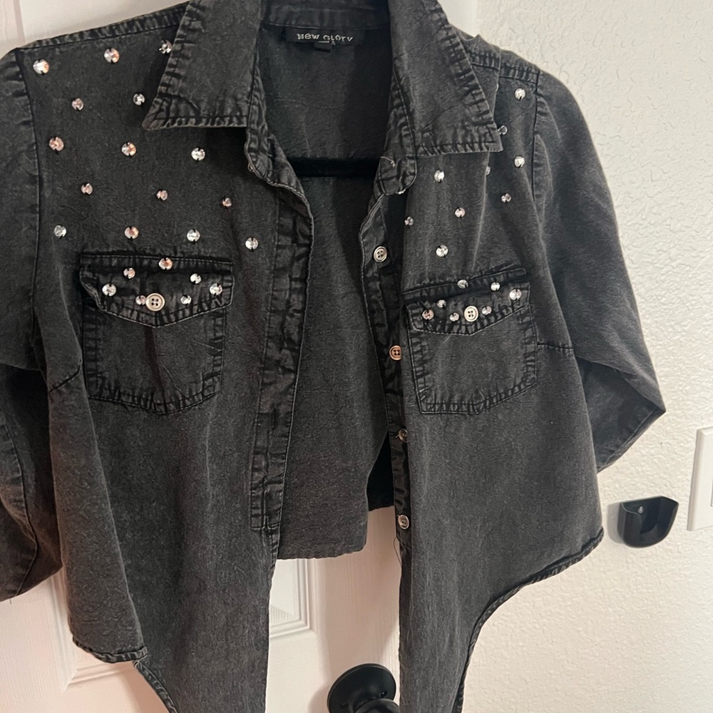 groove Washed Black Cropped Jean Jacket with Rhinestone Studs